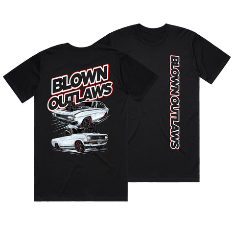 BLOWN OUTLAWS FUKYEA & FUKDAT RED & WHITE TEXT T-SHIRT FRONT AND BACK PRINT