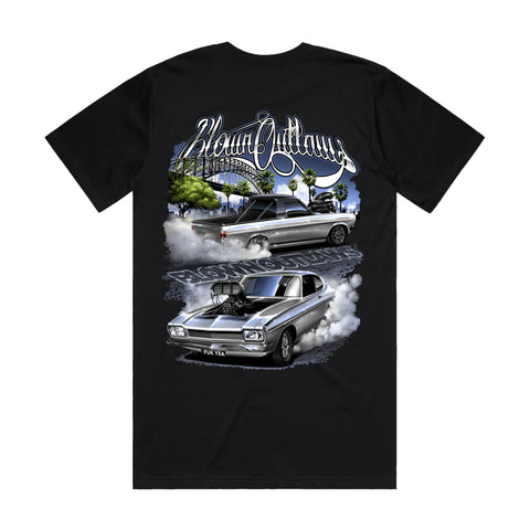 BLOWN OUTLAWS FUKYEA & FUKDAT SYDNEY T-SHIRT FRONT AND BACK PRINT