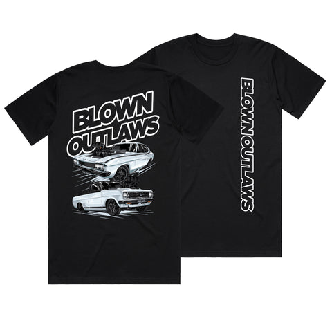 BLOWN OUTLAWS FUKYEA & FUKDAT WHITE TEXT T-SHIRT FRONT AND BACK PRINT